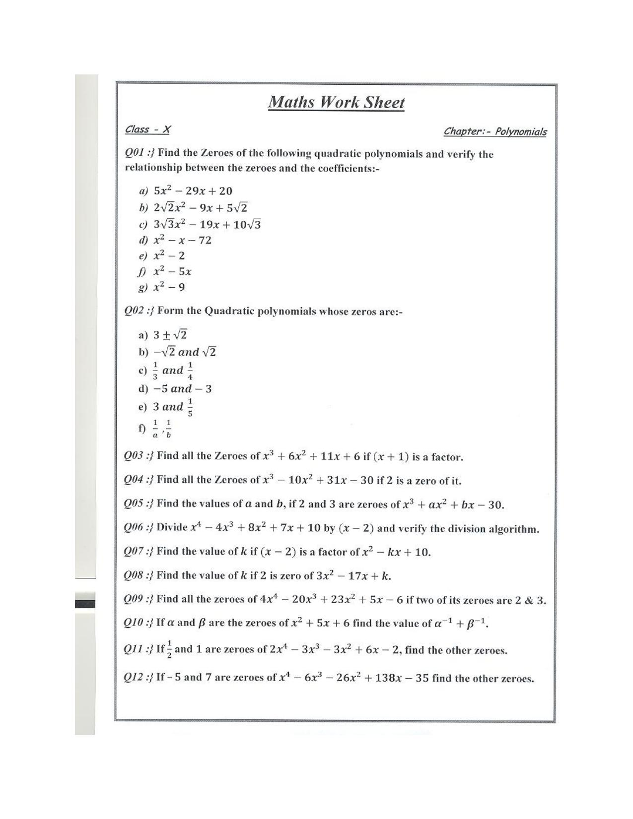 CBSE Worksheets for Class 10 Maths Polynomials Assignment 2 - Page 1