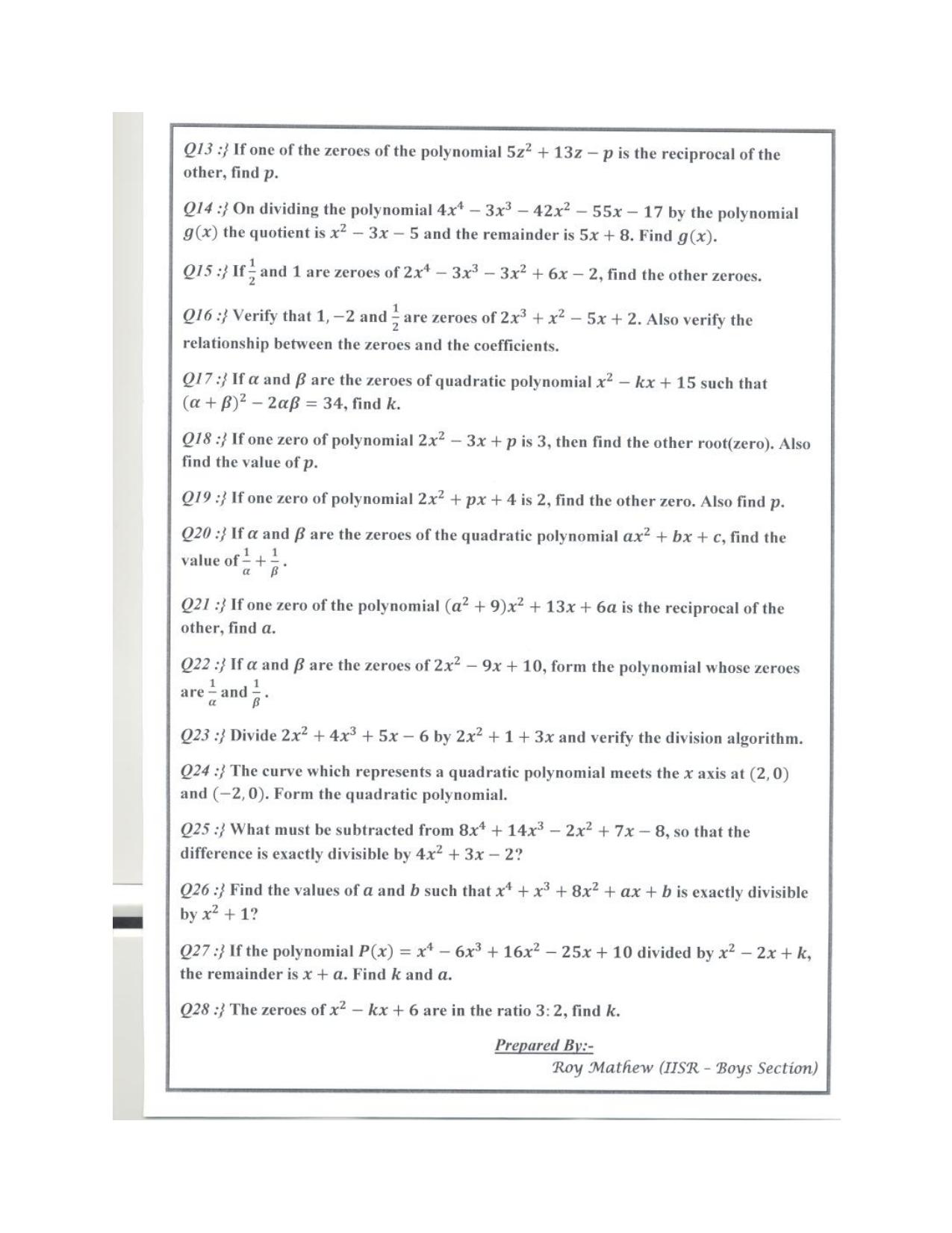 CBSE Worksheets for Class 10 Maths Polynomials Assignment 2 - Page 2