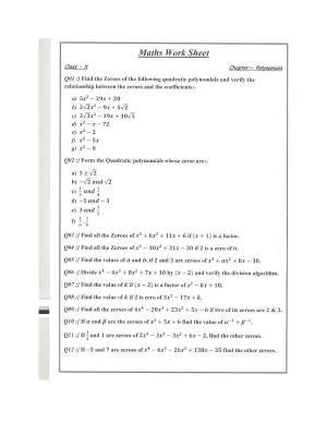 CBSE Worksheets for Class 10 Maths Polynomials Assignment 2