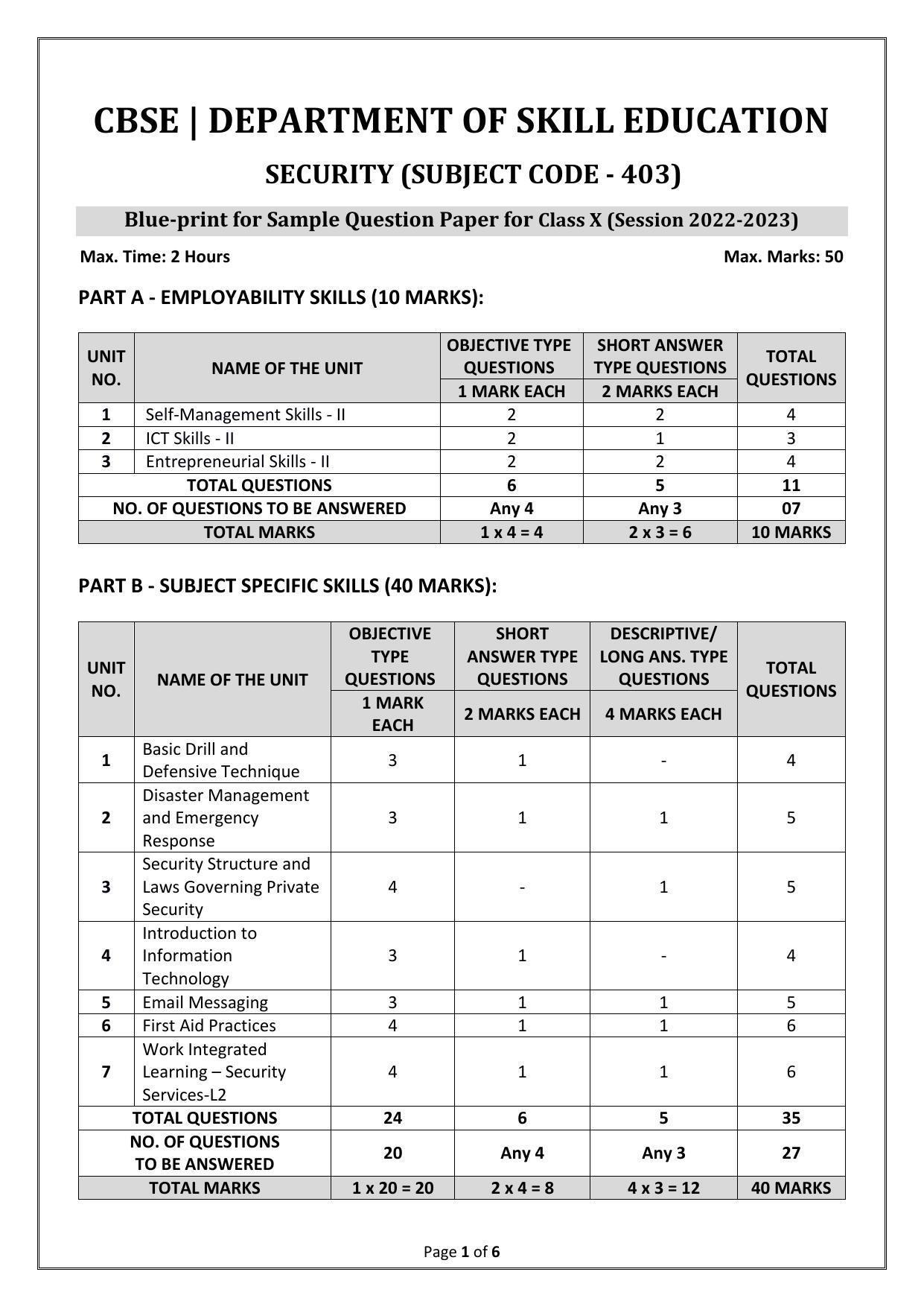 CBSE Class 10 (Skill Education) Security Sample Papers 2023 - Page 1
