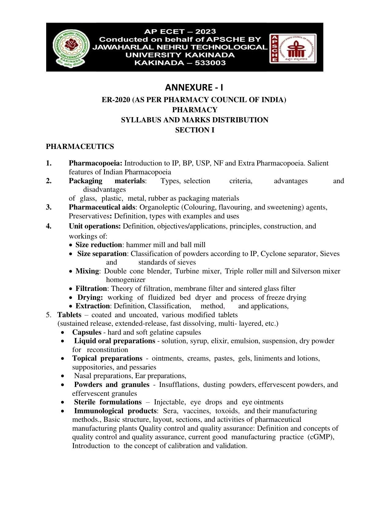 AP ECET SECTION I PHARMACEUTICS Syllabus - Page 1
