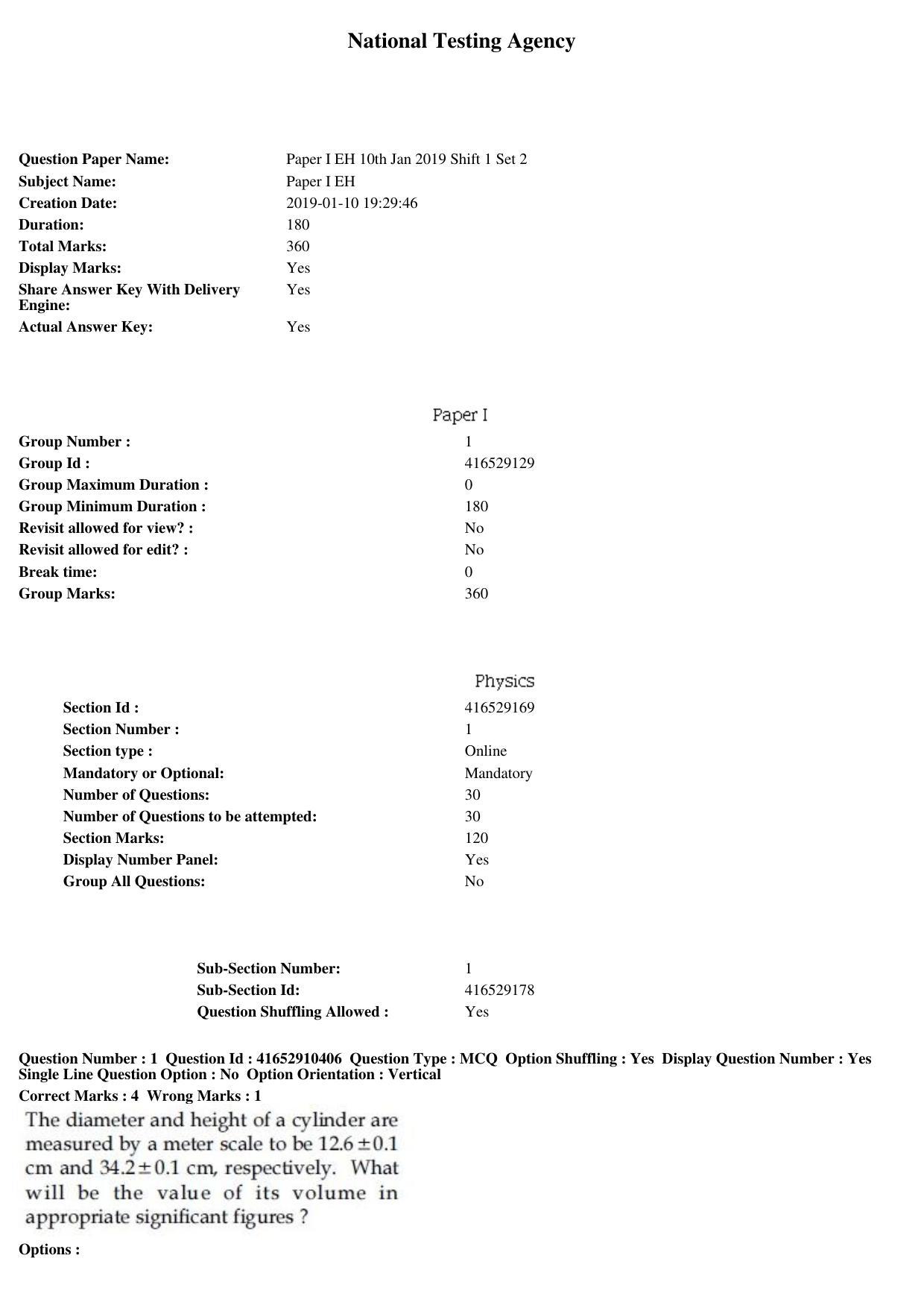 JEE Main 2019 Paper I Question Paper (10th Jan 2019 Shift 2) - Page 1