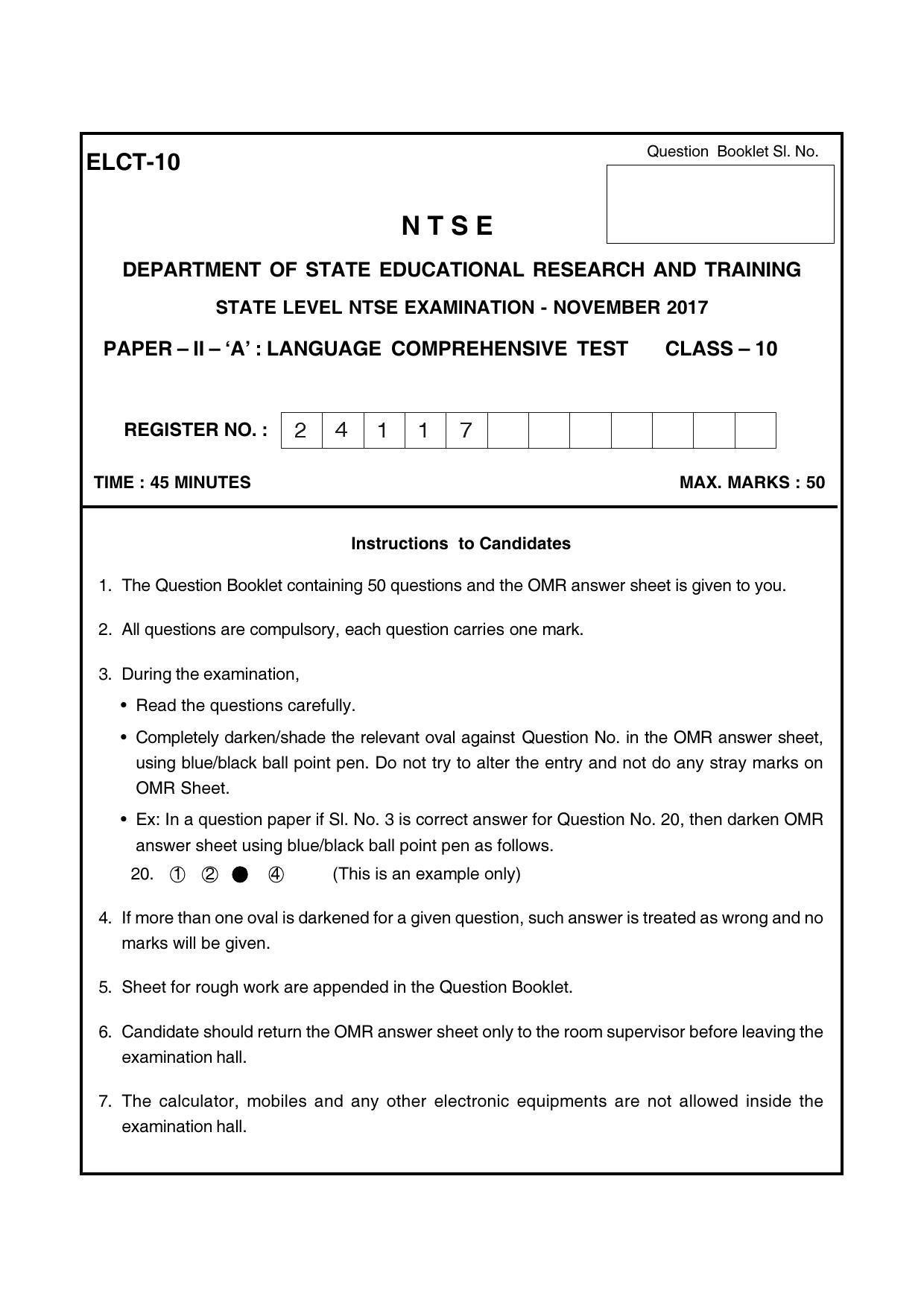 Karnataka NTSE 2017 LCT Question Paper - Page 1