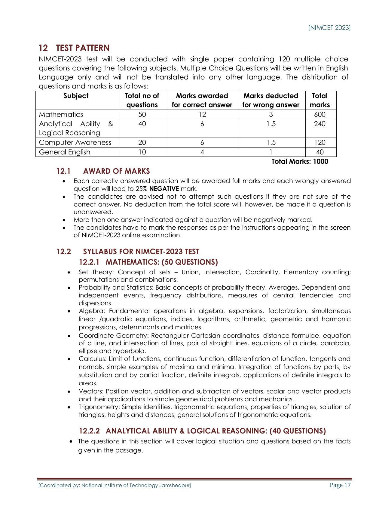 NIMCET Exam 2023 - Page 17