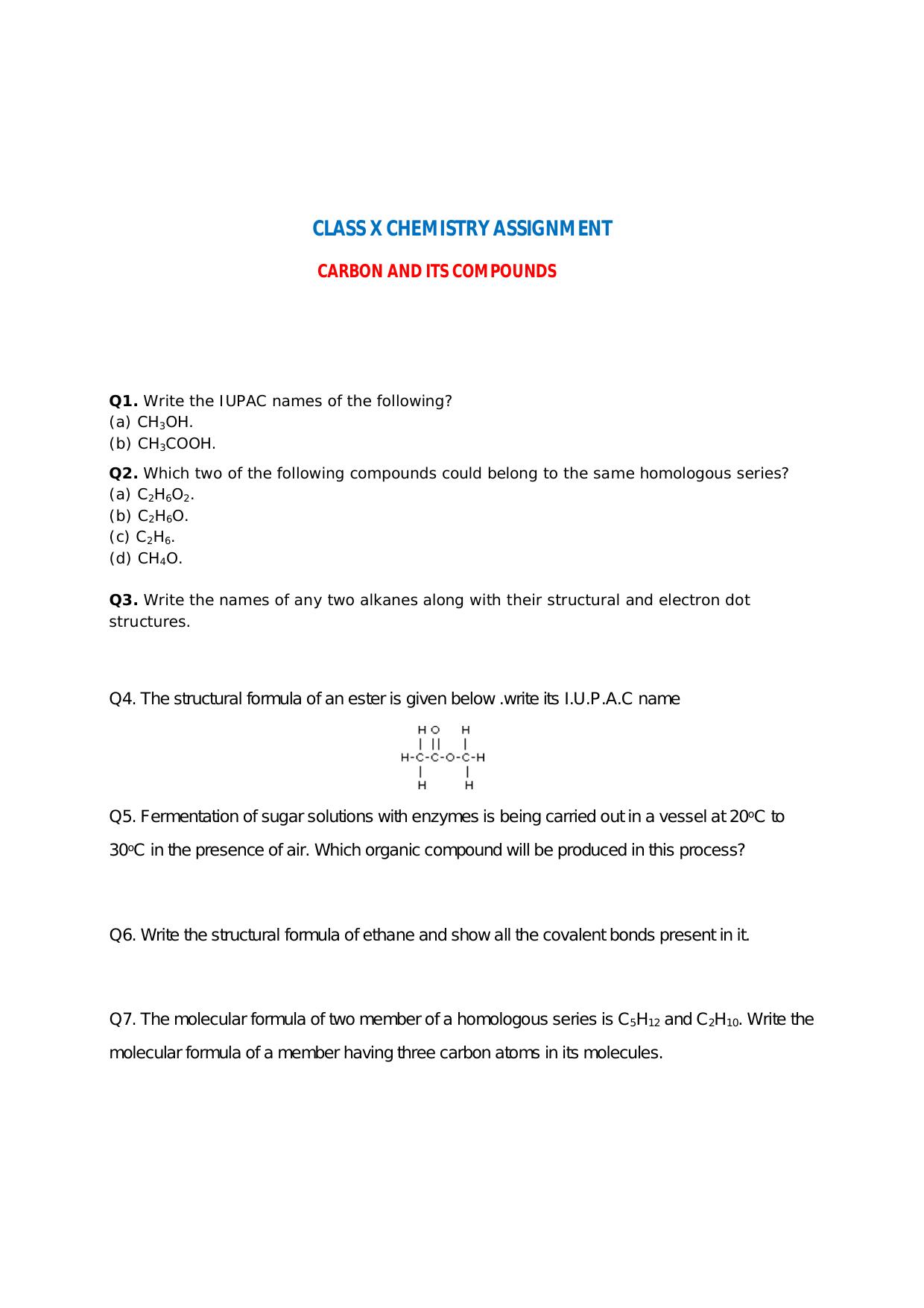 CBSE Worksheets for Class 10 Chemistry Carbon And Its Compounds Assignment - Page 1
