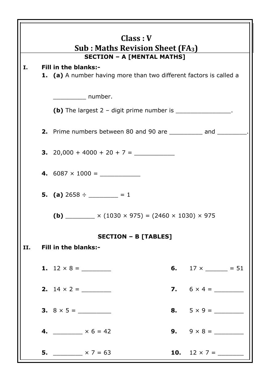Worksheet for Class 5 Maths Mental Maths Assignment 5 - Page 1
