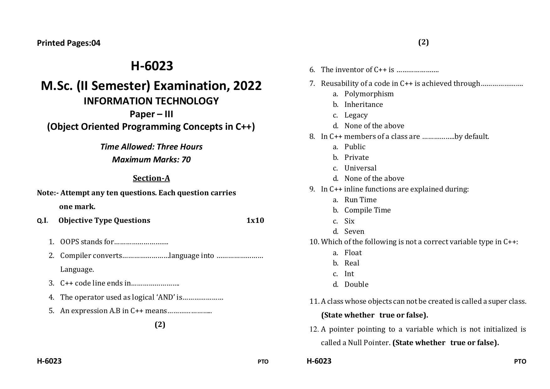 Sarguja University Question Paper July-2022 :   M.Sc. In information Technology(Second Sem.)Object Oriented Programming Concepts In C++ Paper 1 - Page 1
