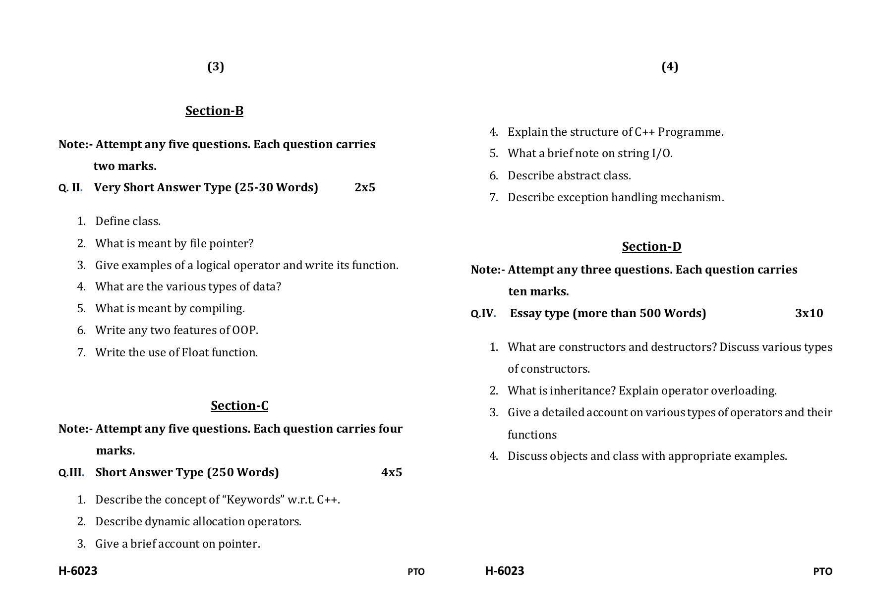 Sarguja University Question Paper July-2022 :   M.Sc. In information Technology(Second Sem.)Object Oriented Programming Concepts In C++ Paper 1 - Page 2