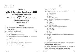 Sarguja University Question Paper July-2022 :   M.Sc. In information Technology(Second Sem.)Object Oriented Programming Concepts In C++ Paper 1