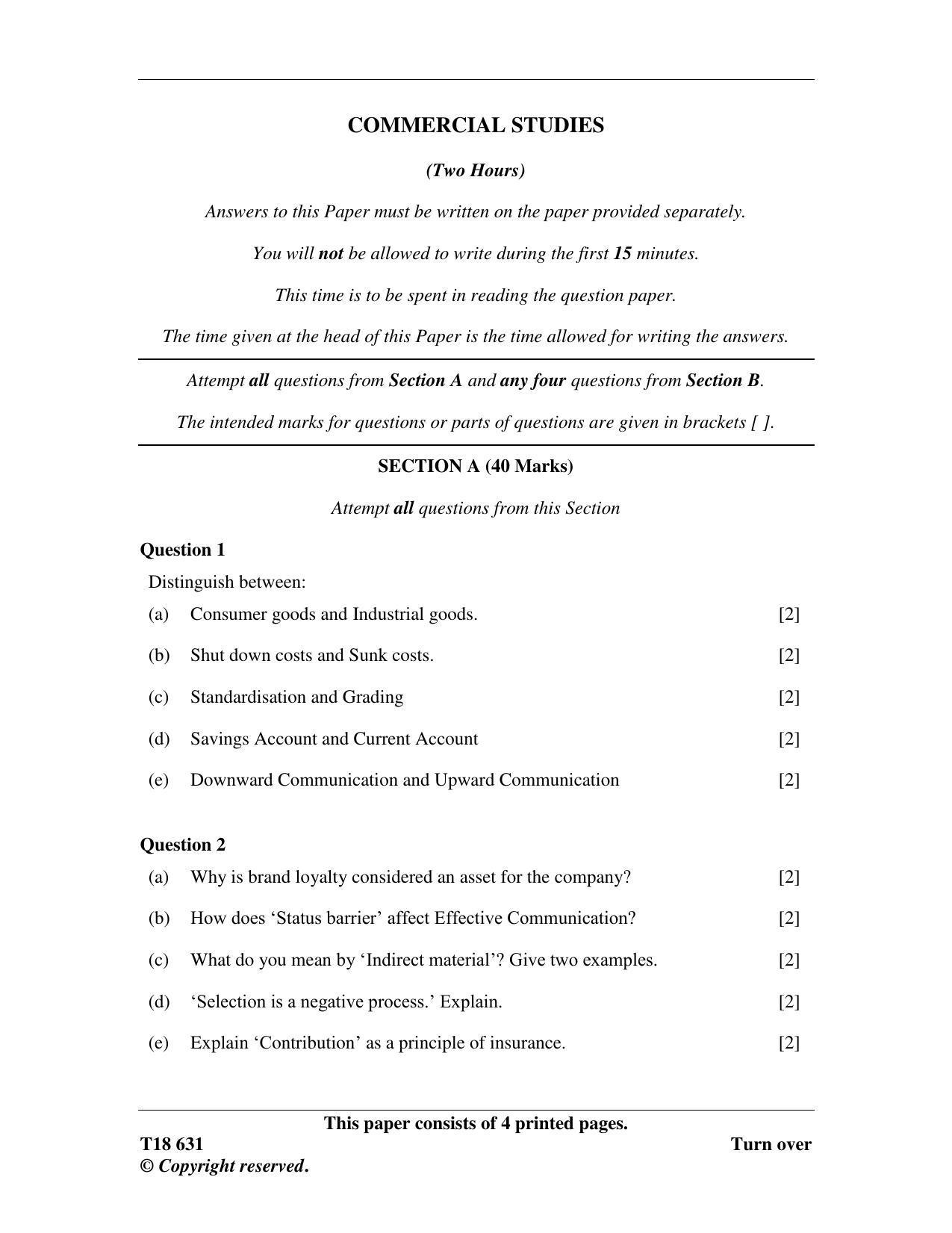 ISC Class 12 2018 Commercial Studies Question Paper - Page 1