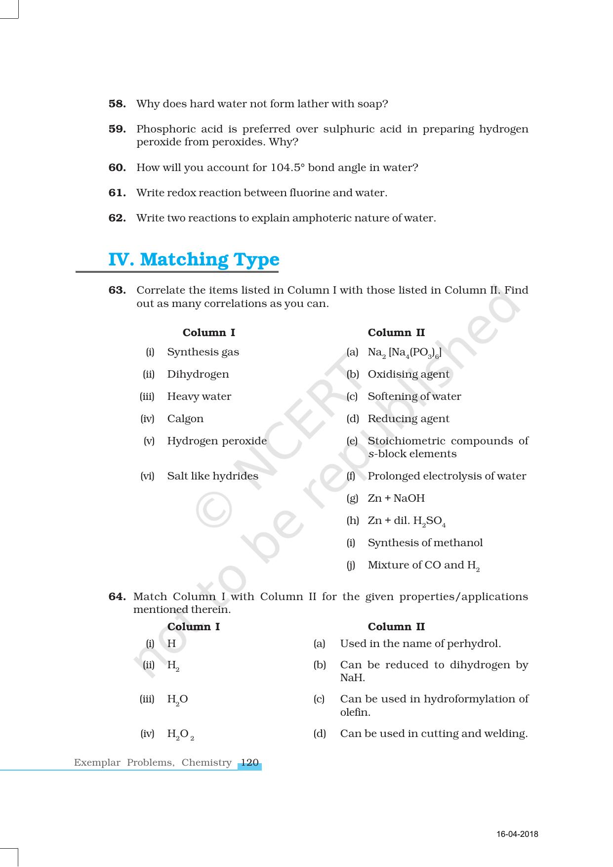NCERT Exemplar Book for Class 11 Chemistry: Chapter 9 Hydrogen - Page 8