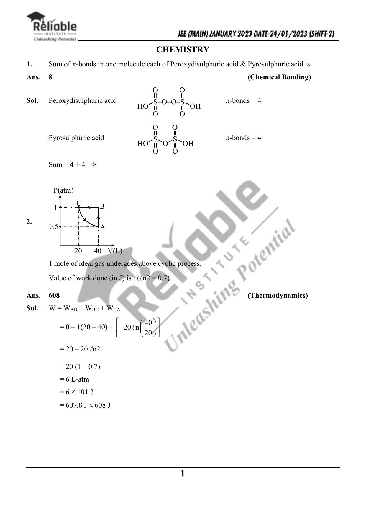 JEE Main 2023 January 24 Shift 2 Chemistry Paper with Solution (Reliable Institute Kota) - Page 2