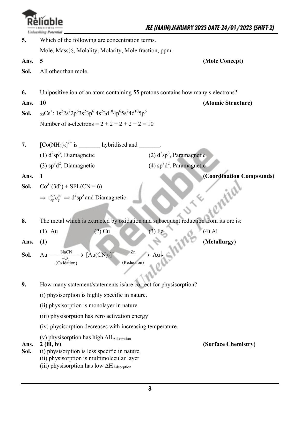 JEE Main 2023 January 24 Shift 2 Chemistry Paper with Solution (Reliable Institute Kota) - Page 4