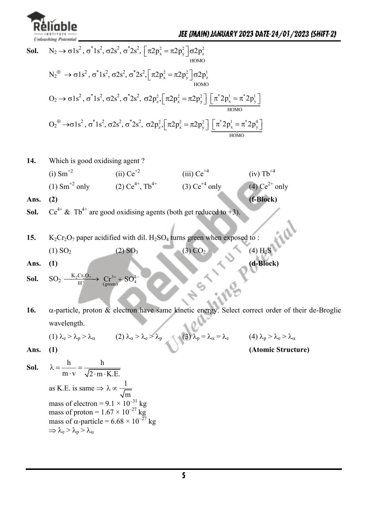 JEE Main 2023 January 24 Shift 2 Chemistry Paper with Solution (Reliable Institute Kota) - Page 6