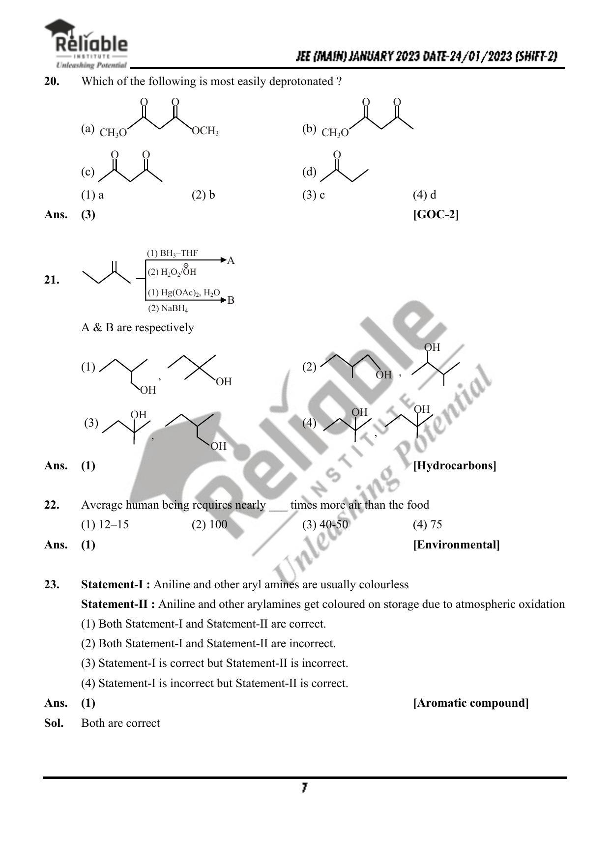 JEE Main 2023 January 24 Shift 2 Chemistry Paper with Solution (Reliable Institute Kota) - Page 8