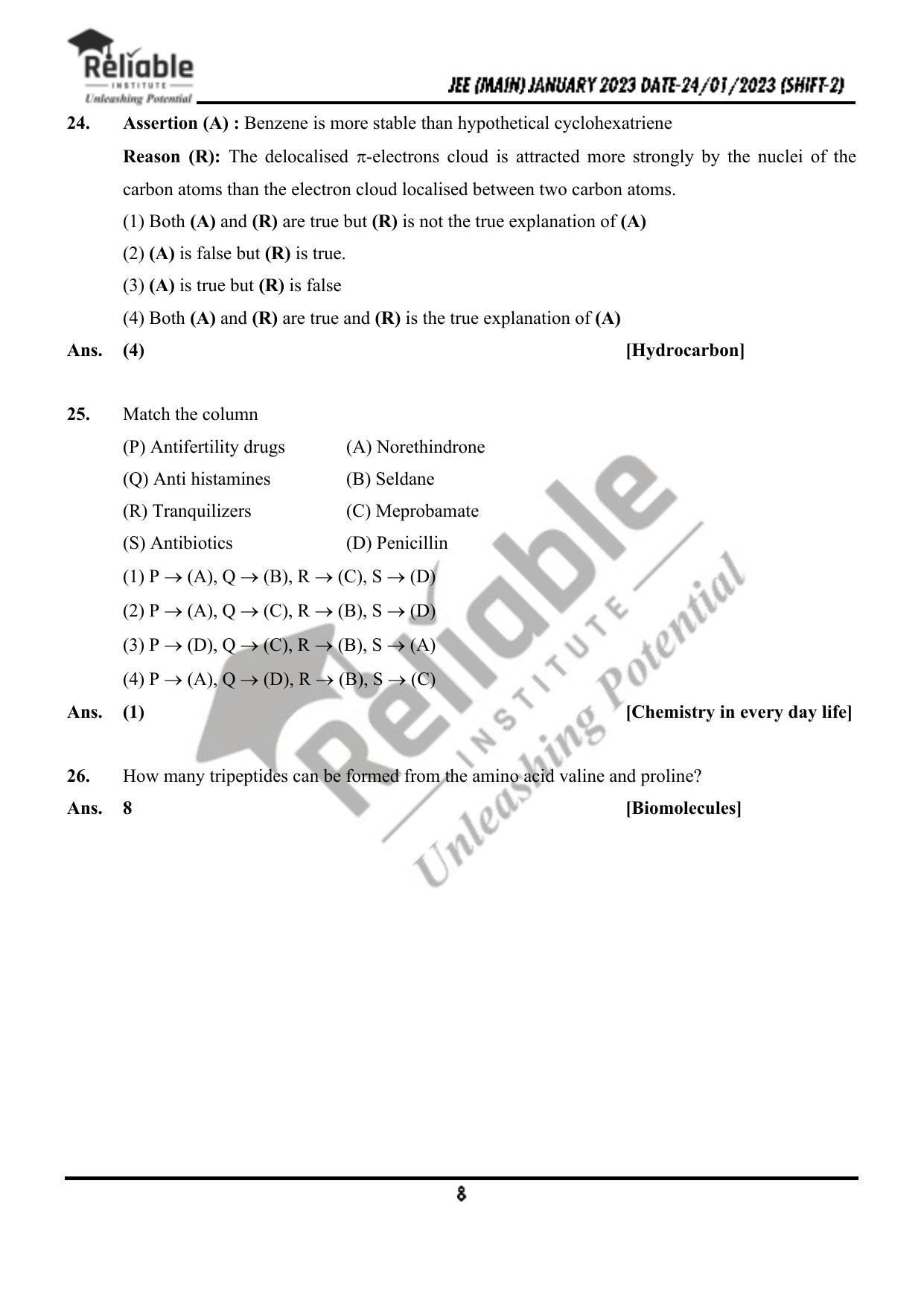 JEE Main 2023 January 24 Shift 2 Chemistry Paper with Solution (Reliable Institute Kota) - Page 9