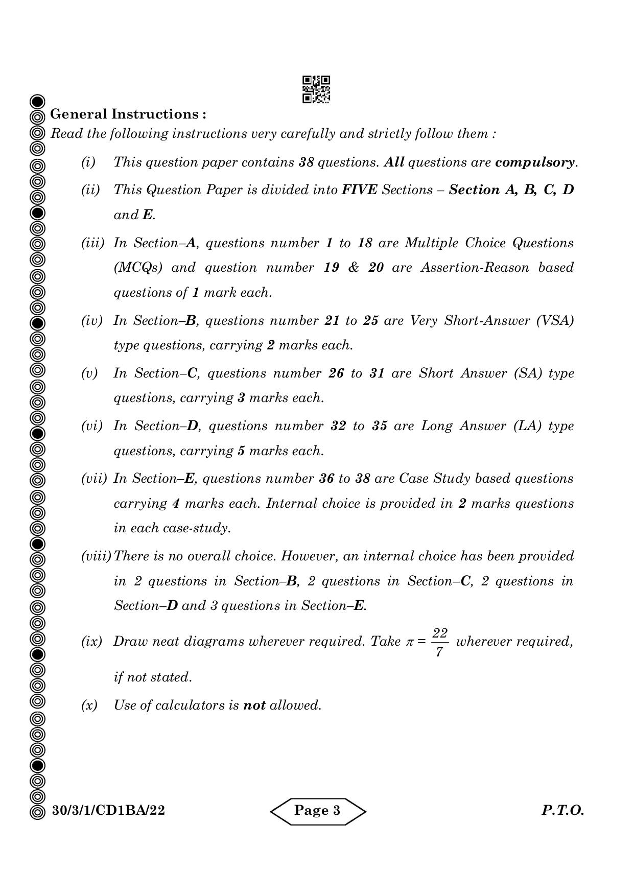CBSE Class 10 30-3-1 Mathematics Standard 2024 Question Paper - Page 3