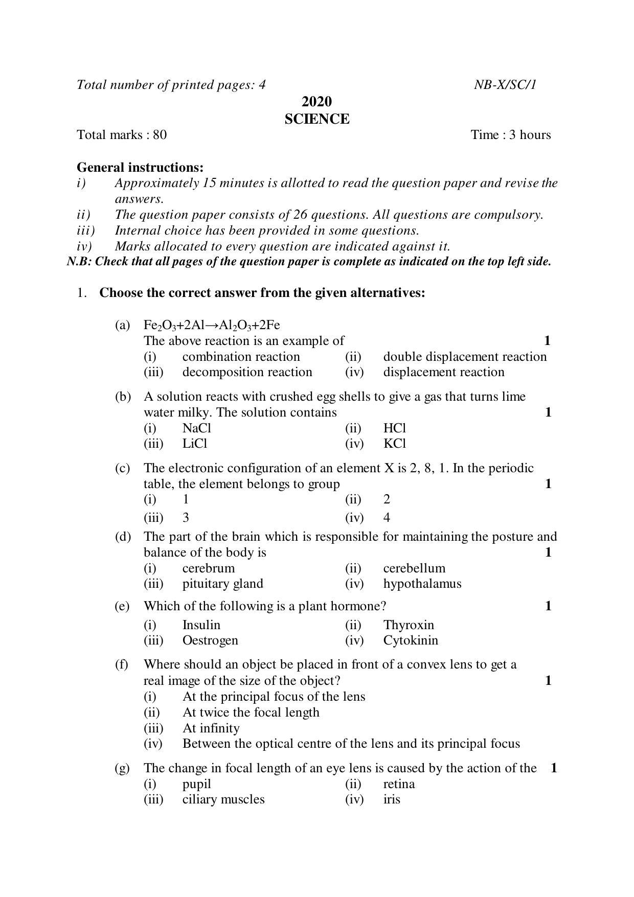 Nagaland Board Class 10 SCIENCE 2020 Question Paper - Page 1