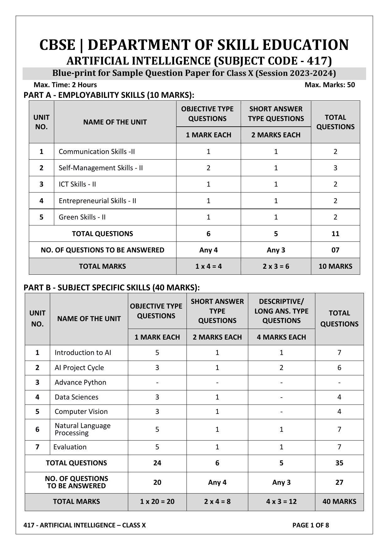 CBSE Class 10 (Skill Education) Artificial Intelligence 2024 Sample Paper - Page 1