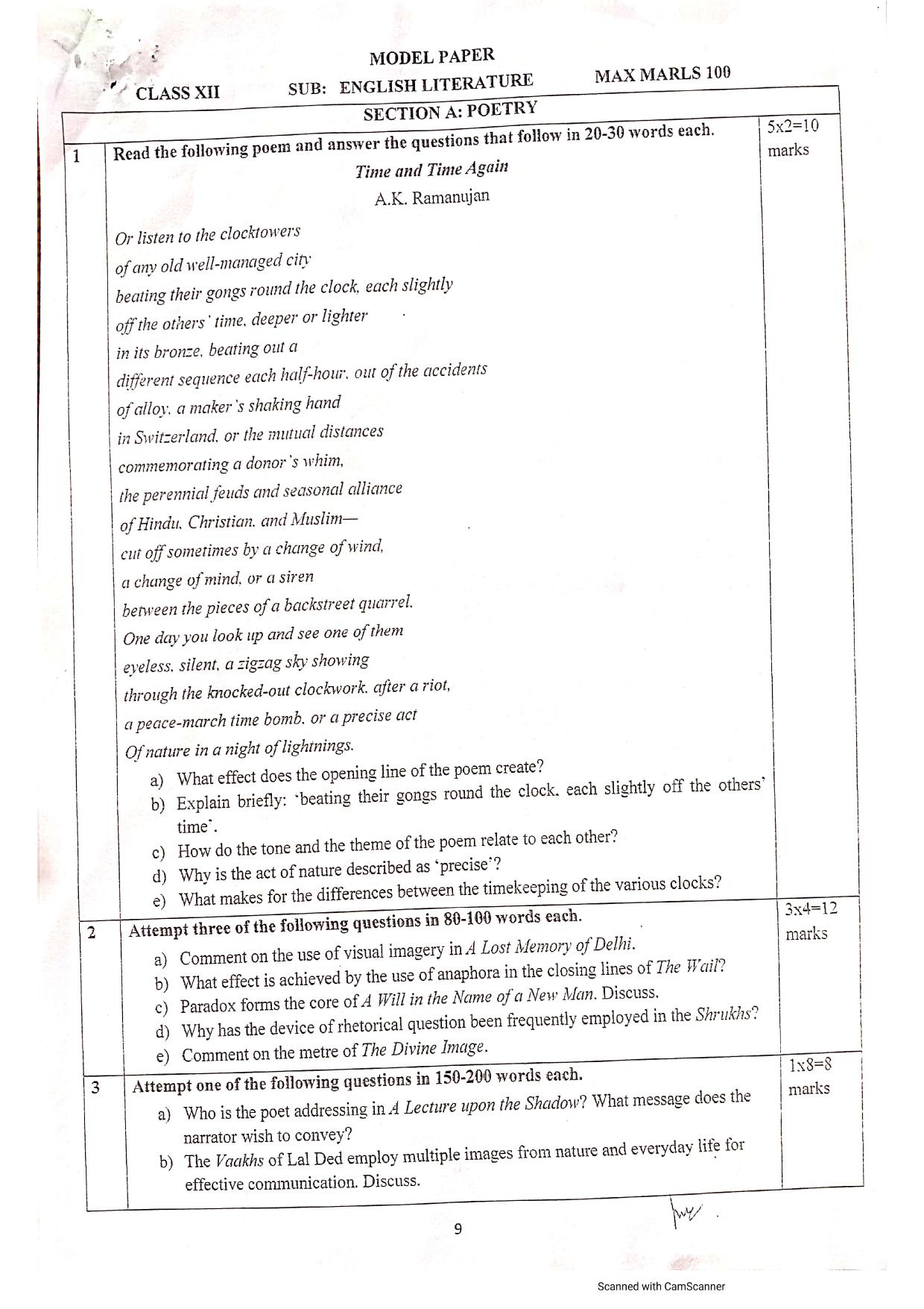 JKBOSE Class 12 English Literature Model Question Paper - Page 2
