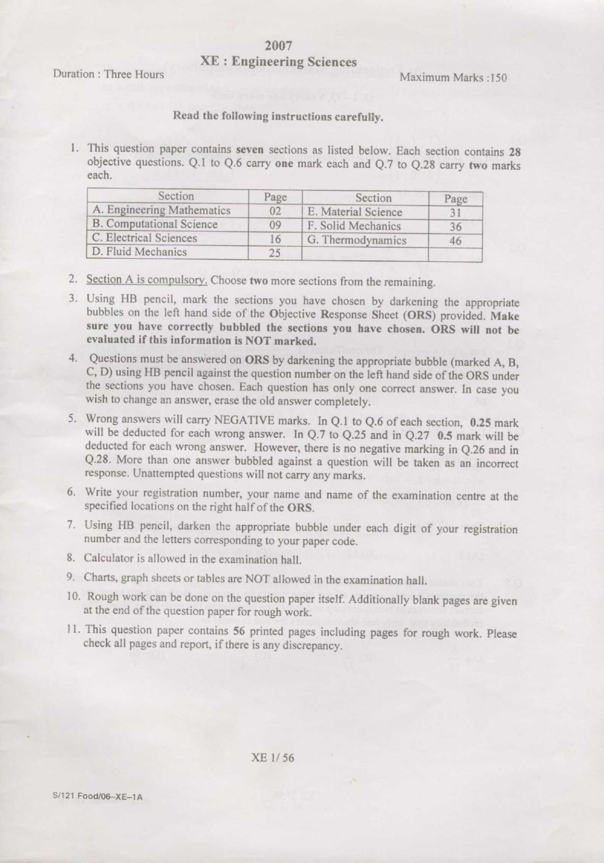 GATE 2007 Engineering Sciences (XE) Question Paper with Answer Key - Page 1