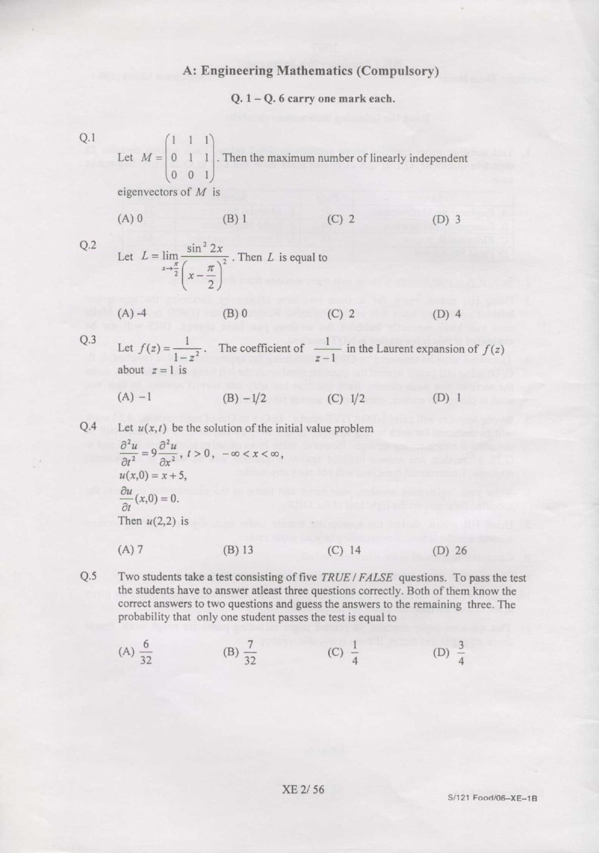 GATE 2007 Engineering Sciences (XE) Question Paper with Answer Key - Page 2