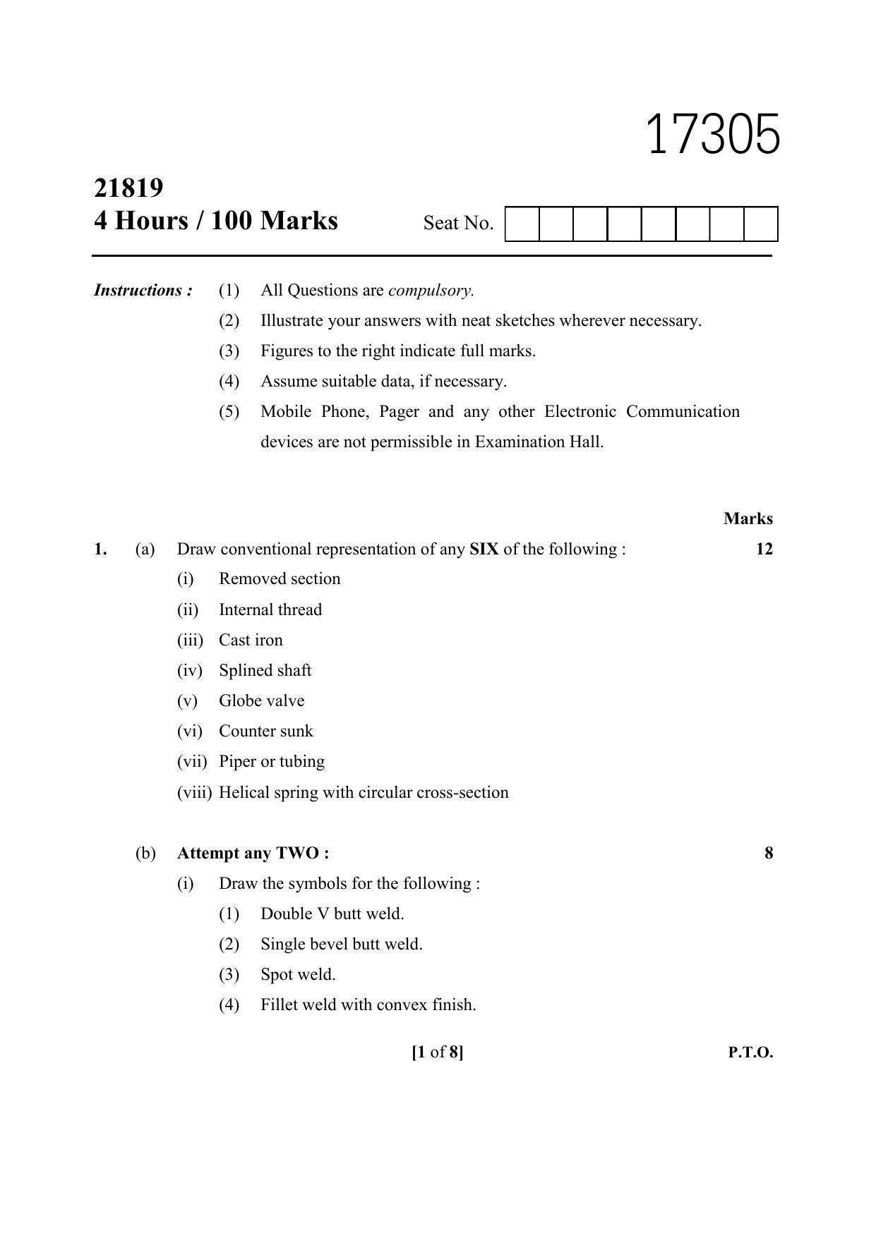 MSBTE Summer Question Paper 2019 - Mechanical Engineering Drawing - Page 1