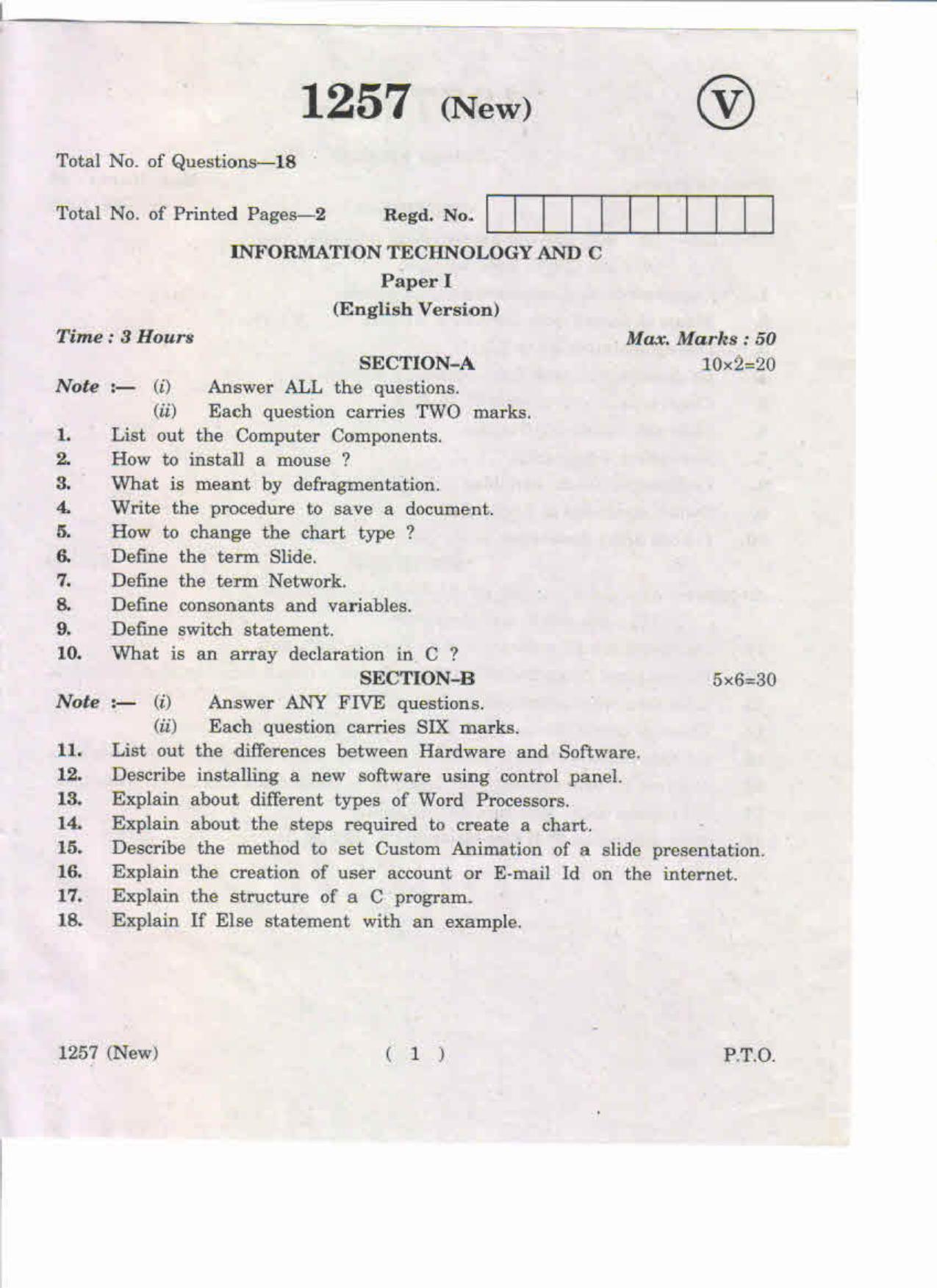 AP Inter 1st Year Information Technology and C-I (NEW) May-2019-Vocational Question Paper - Page 1