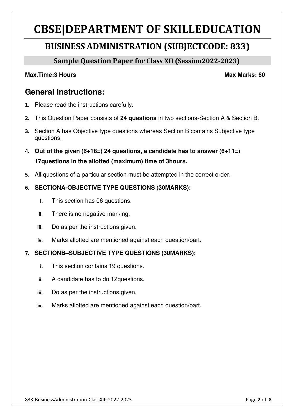 CBSE Class 12 Business Administration (Skill Education) Sample Papers 2023 - Page 2