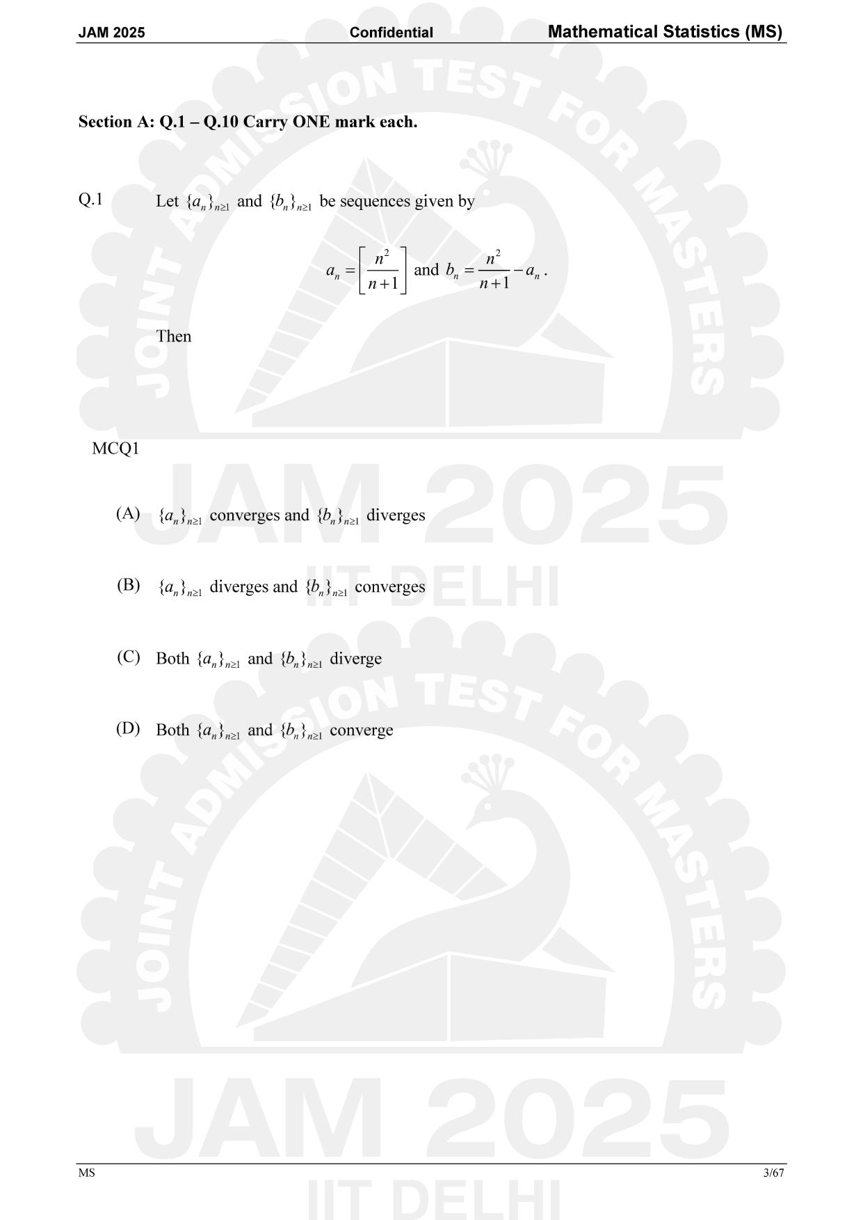 IIT JAM 2025 Mathematical Statistics (MS) Answer Key - Page 3