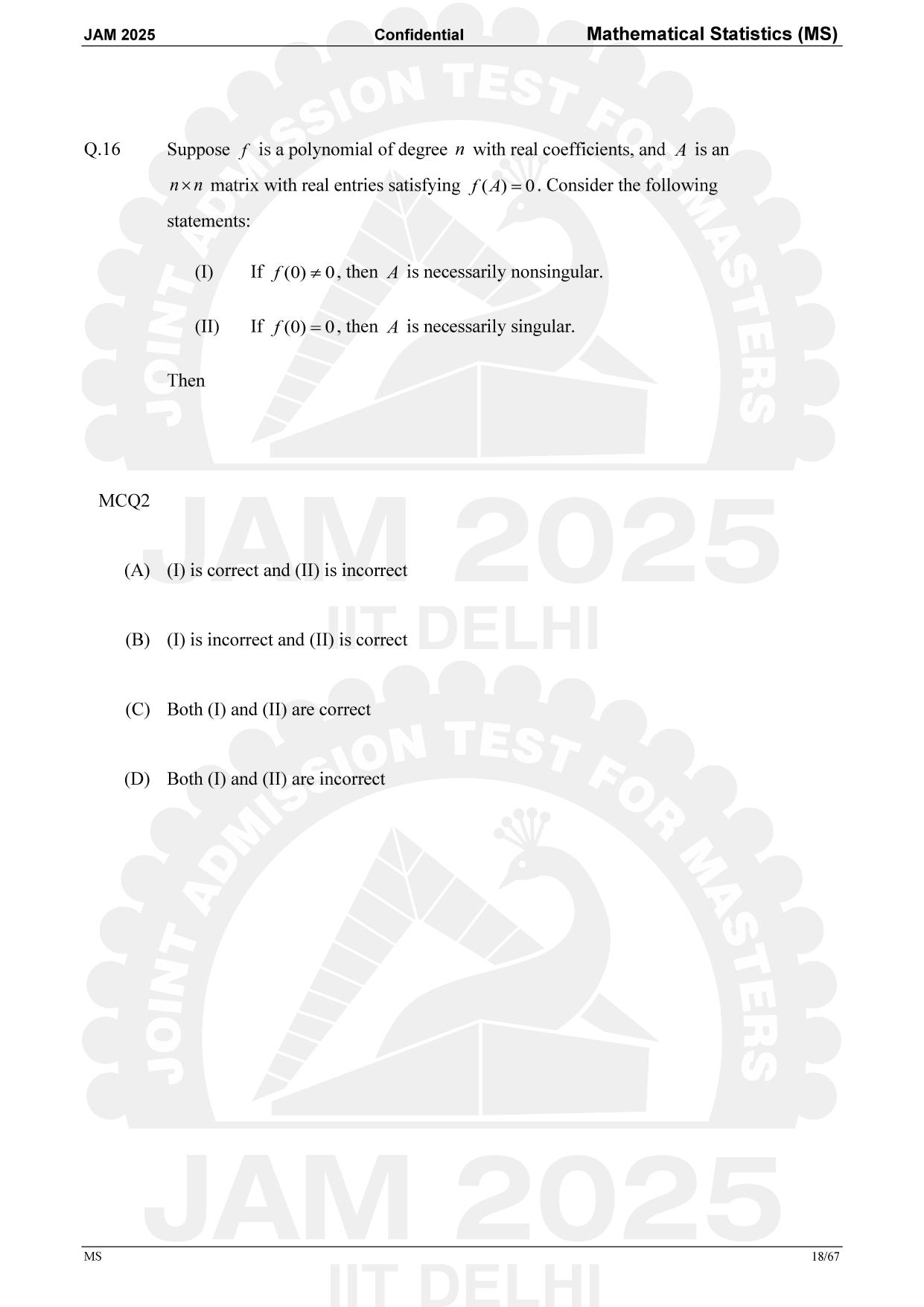 IIT JAM 2025 Mathematical Statistics (MS) Answer Key - Page 18