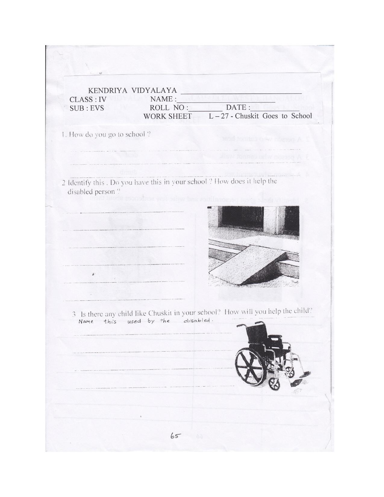 Worksheet for Class 4 Environmental Studies Chuskit Does to School Assignment - Page 1