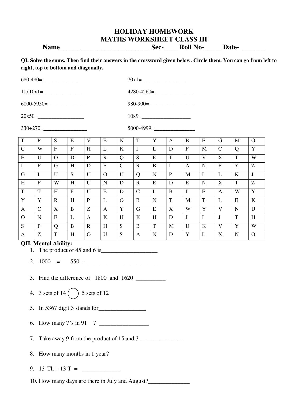 Worksheet for Class 3 Mathematics Assignment 101 - Page 1