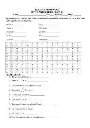 Worksheet for Class 3 Mathematics Assignment 101