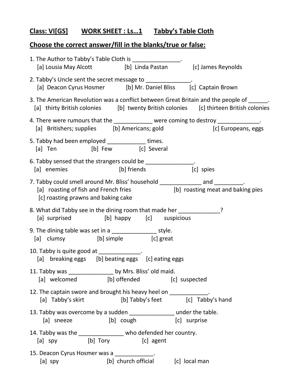 Worksheet for Class 4 English Assignment 48 Tabbys Table Cloth - Page 1