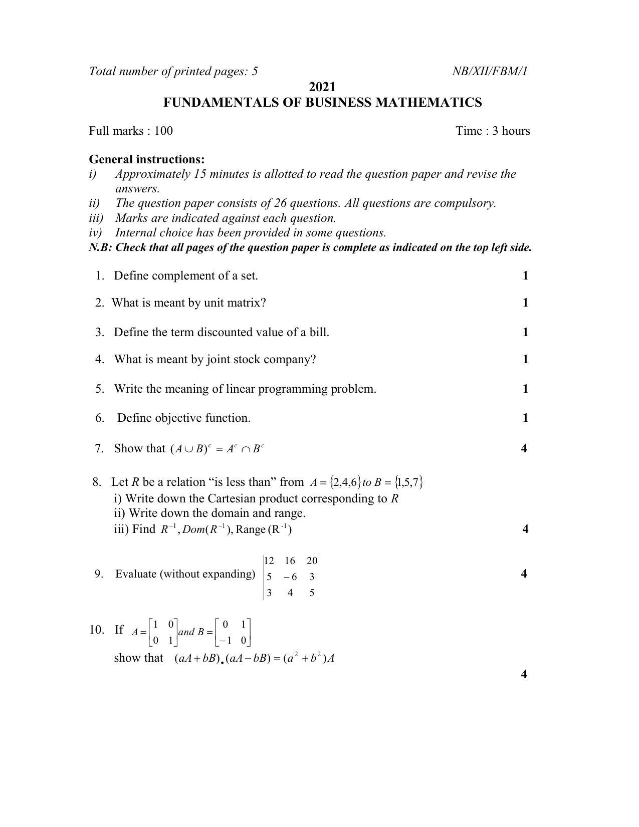 Nagaland Board Class 12 Fundamentals of Business Mathematics 2021 Question Paper - Page 1