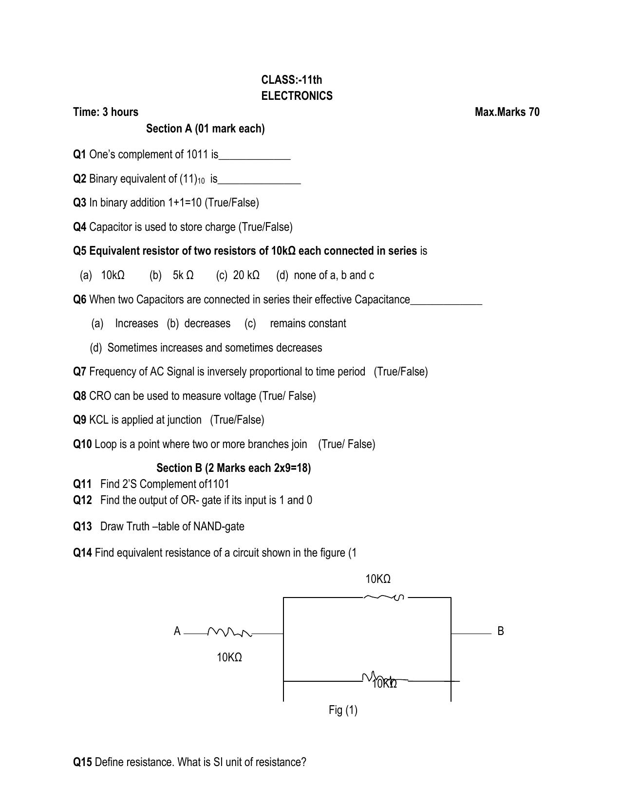 JKBOSE Class 11 ELECTRONICS Model Question Paper - Page 1