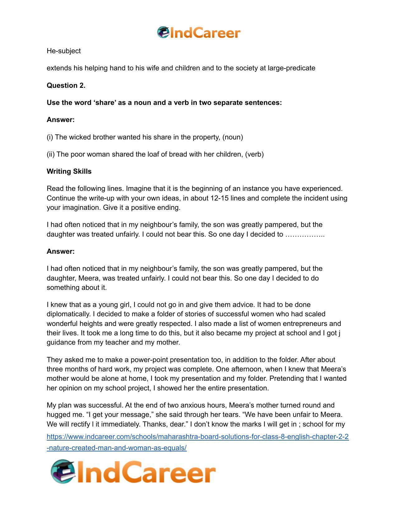 Maharashtra Board Solutions for Class 8- English: Chapter 2.2- Nature Created Man and Woman as Equals - Page 19