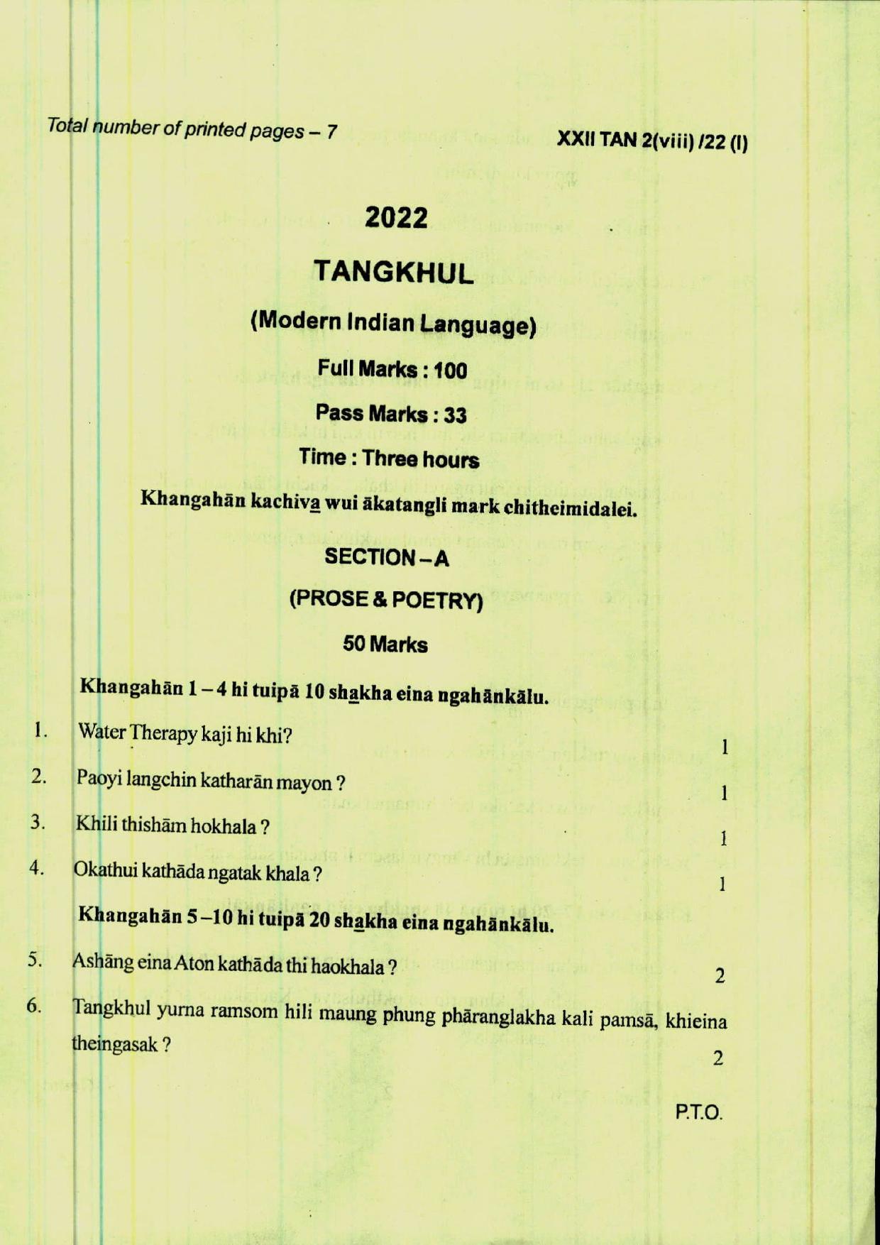 COHSEM 12th Question Papers Improvement 2022 Tangkhul (M.I.L.) - Page 1