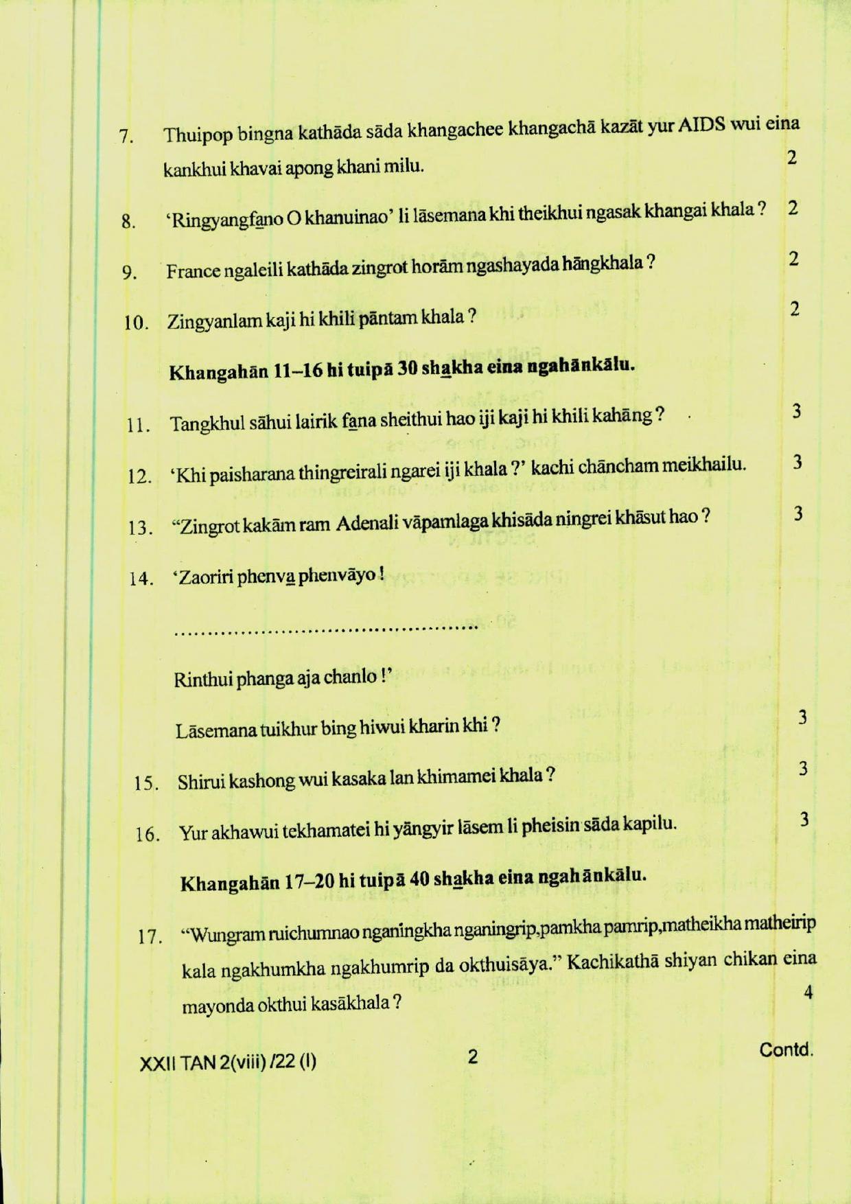 COHSEM 12th Question Papers Improvement 2022 Tangkhul (M.I.L.) - Page 2