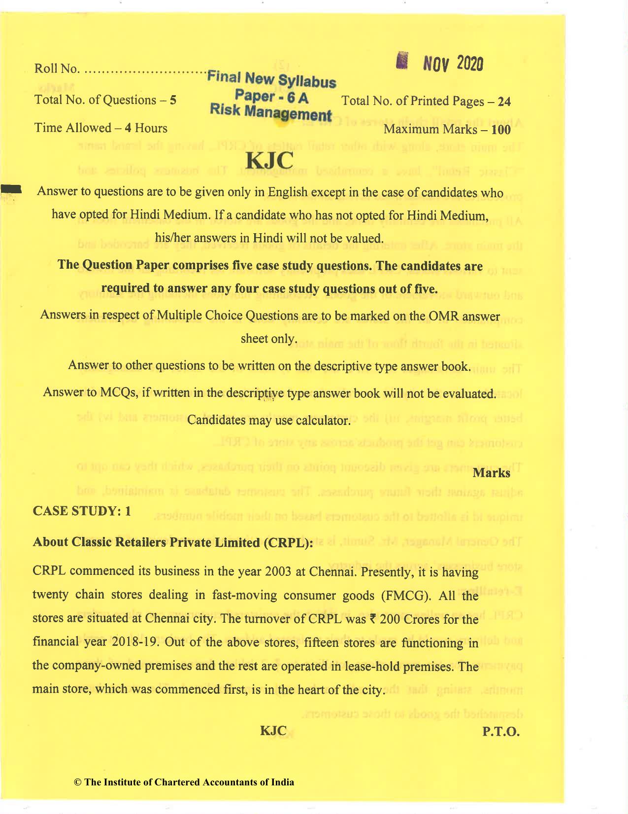 CA Final Nov 2020 Question Paper - Paper 6A – Risk Management - Page 1