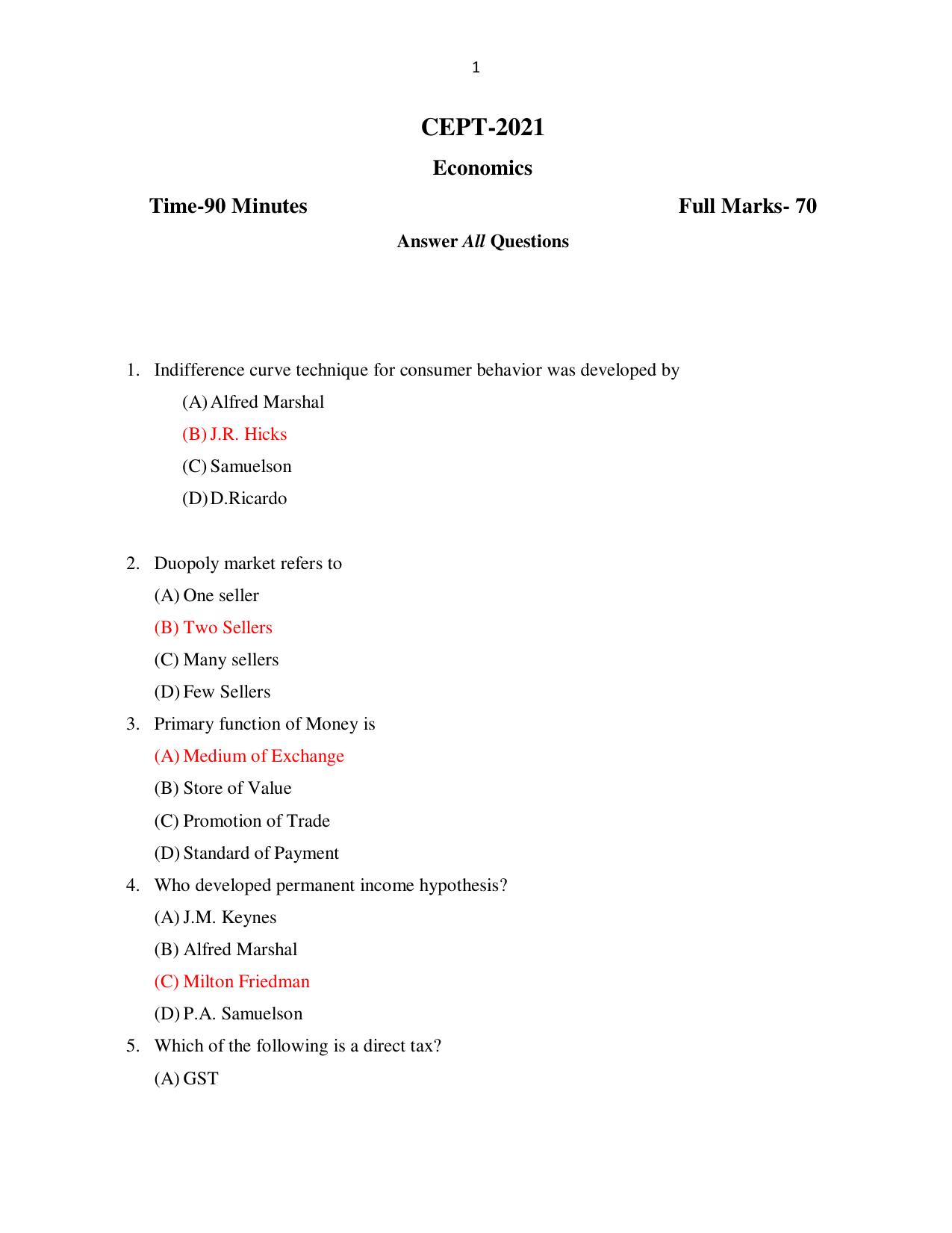 Odisha CPET ECONOMICS SET II 2021 Question Paper - Page 1