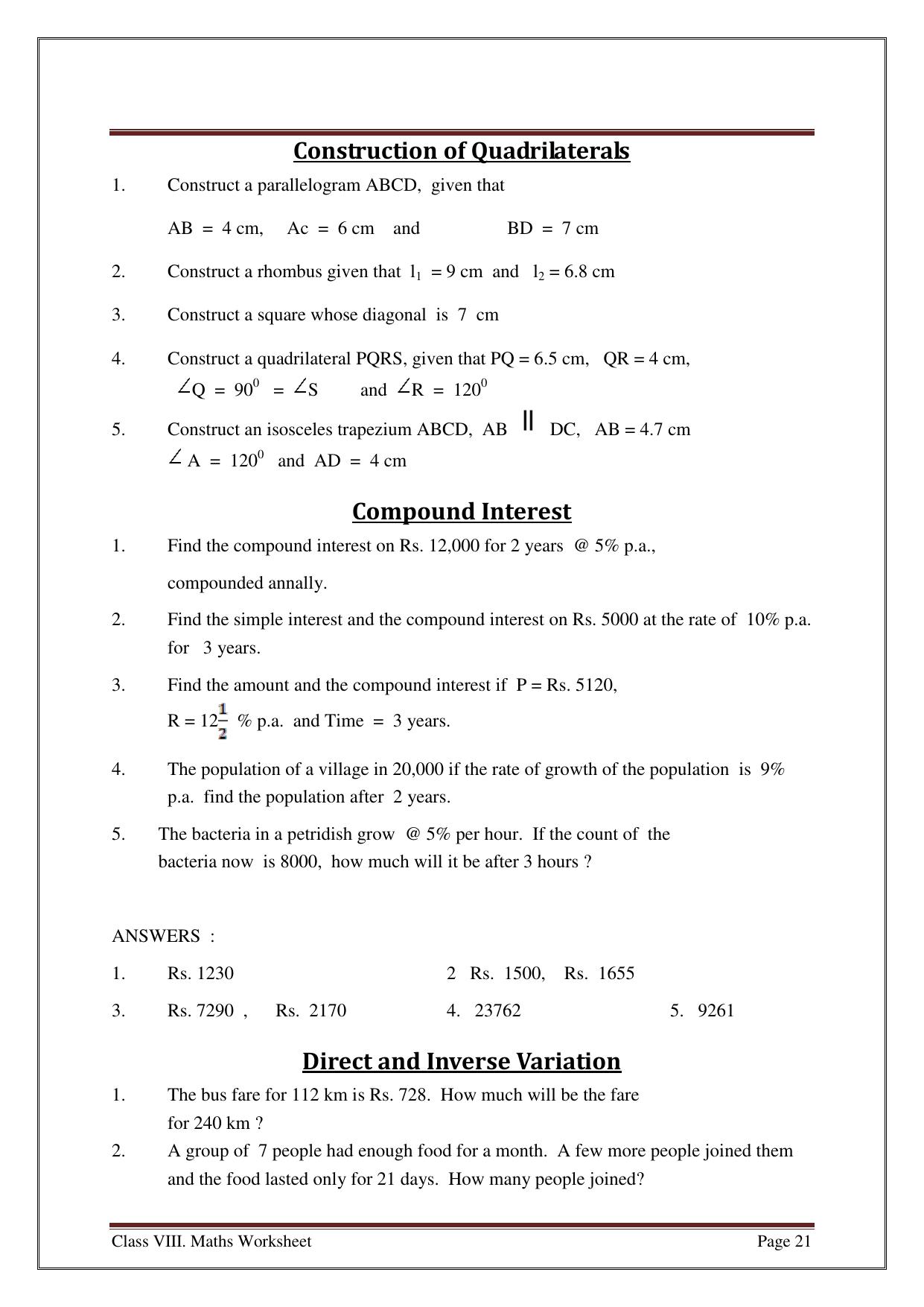 CBSE Worksheets for Class 8 Mathematics Construction of Quadrilaterals Assignment 1 - Page 1