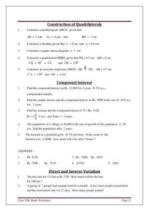 CBSE Worksheets for Class 8 Mathematics Construction of Quadrilaterals Assignment 1