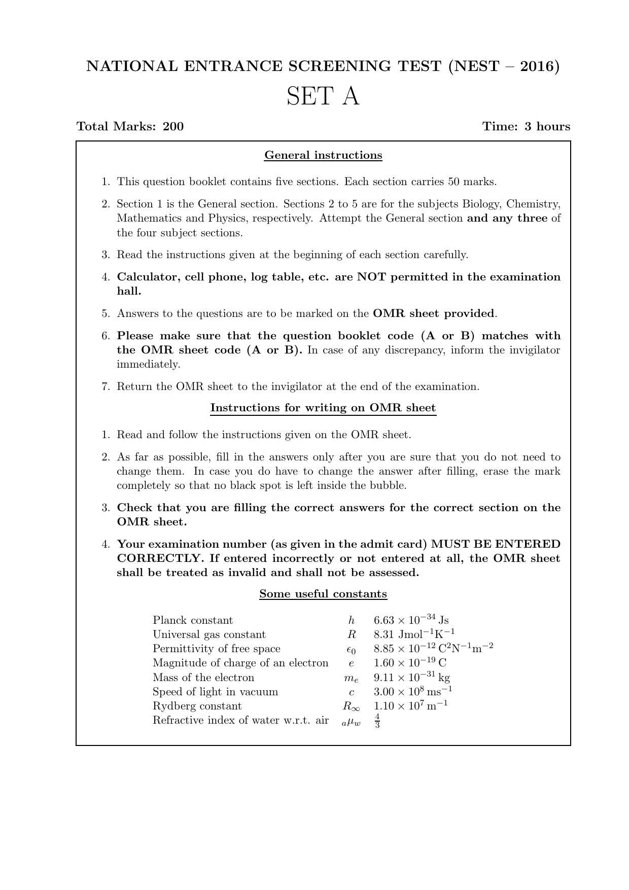 LPU NEST Question Paper 2016 SET A - Page 1