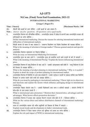Bilaspur University Question Paper 2021-2022:M.COM (Final) International Marketing Paper 1