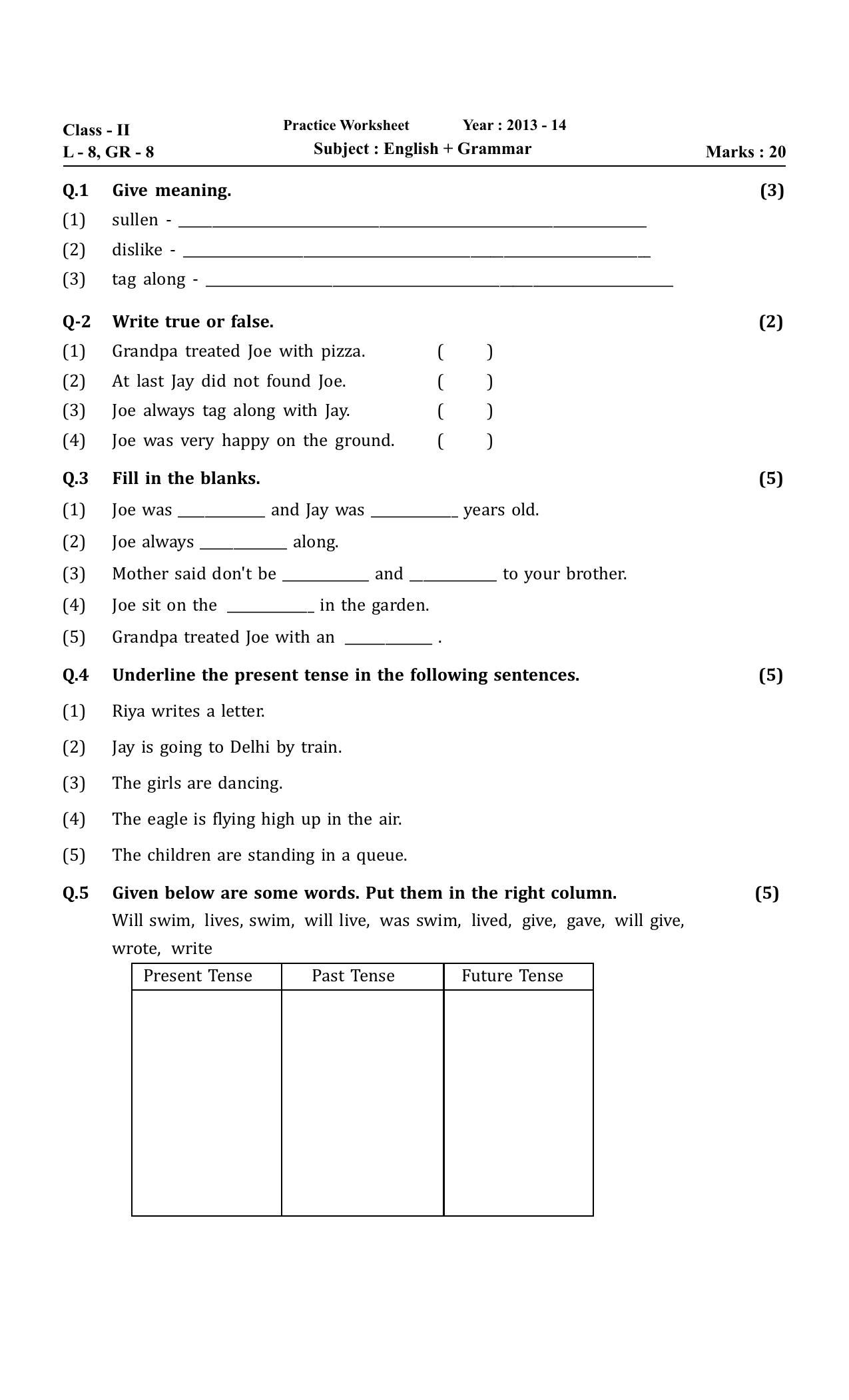 Worksheet for Class 2 English Assignment 10 - Page 1