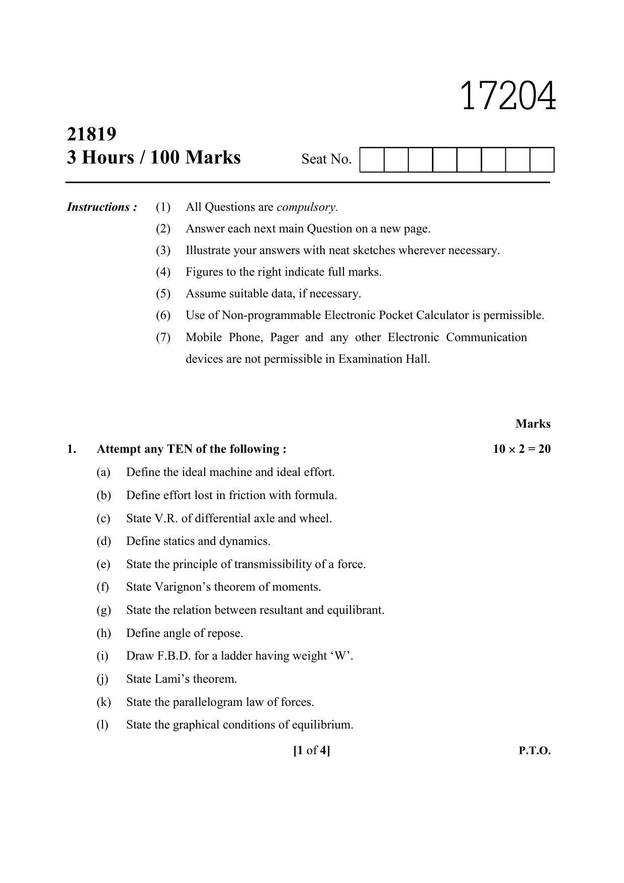 MSBTE Summer Question Paper 2019 - Engineering Mechanics - Page 1