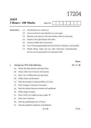 MSBTE Summer Question Paper 2019 - Engineering Mechanics