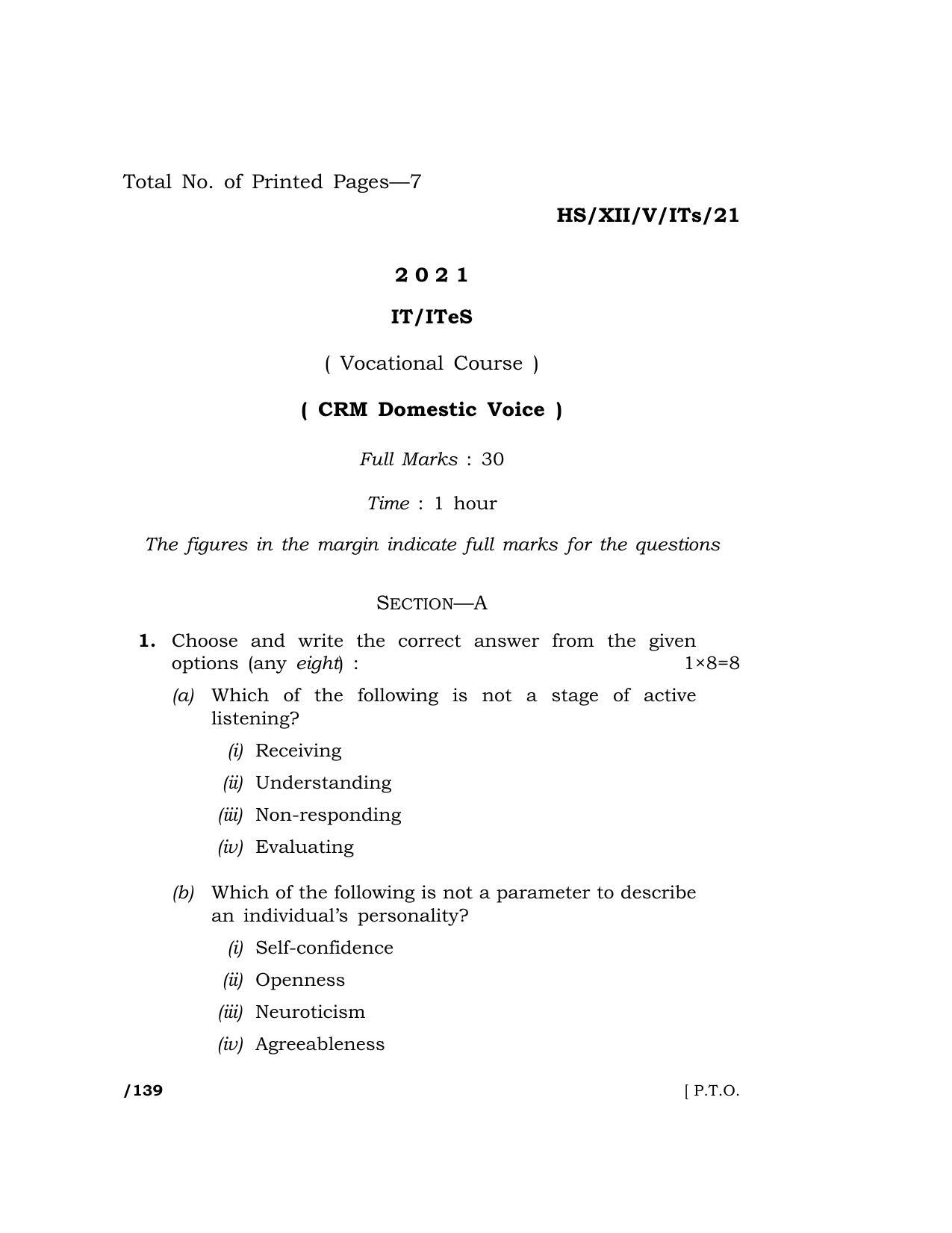 Meghalaya Board (MBOSE) Class 12 IT/ITES (HS-XII-V-ITs-21) 2021 Question Paper - Page 1